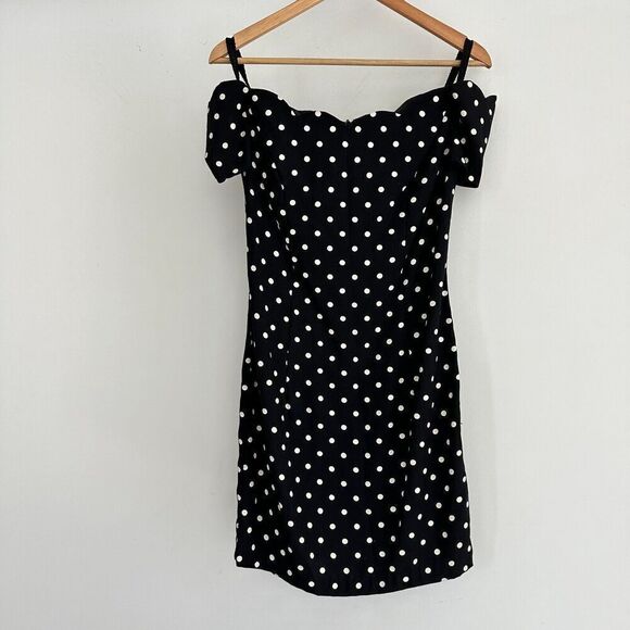 Vintage Polka Dot Dress Womens Small 90s Mini Bodycon Retro Pinup Off Shoulder - Picture 7 of 13